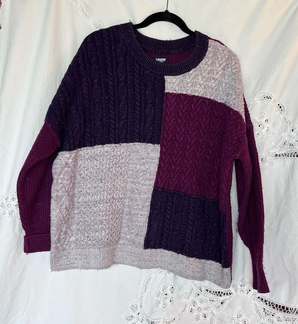 Lands' End Colorblock Cable Knit Sweater Purple Size L 14-16